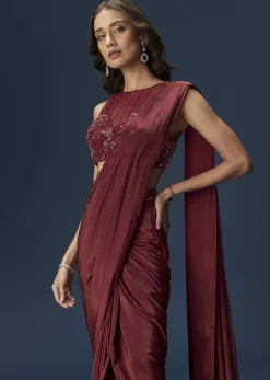 Maroon Ready Pleated Saree With High Neck Blouse