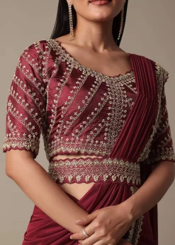 Maroon Readymade Saree With Embellished Blouse