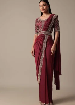 Maroon Readymade Saree With Embellished Blouse