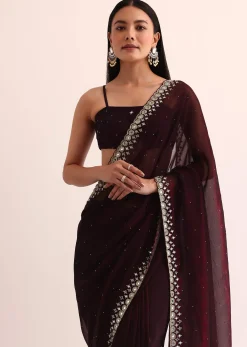 Maroon Red Satin Saree With Mirror Embroidery And Unstitched Blouse