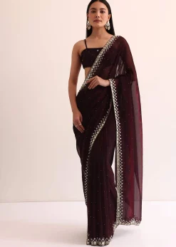 Maroon Red Satin Saree With Mirror Embroidery And Unstitched Blouse