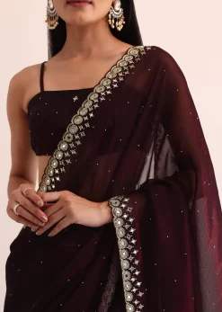 Maroon Red Satin Saree With Mirror Embroidery And Unstitched Blouse