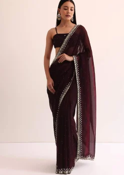 Maroon Red Satin Saree With Mirror Embroidery And Unstitched Blouse