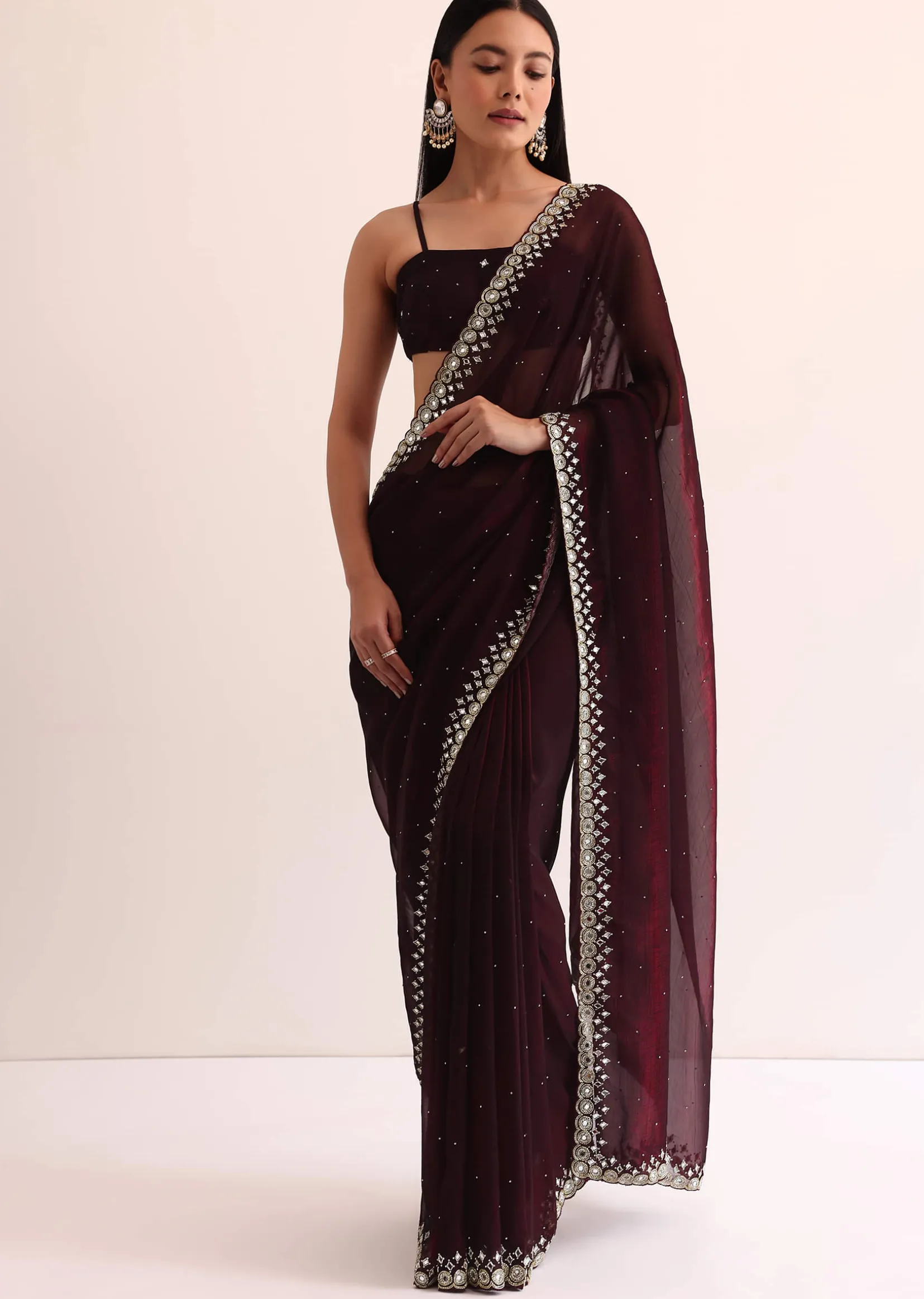 Maroon Red Satin Saree With Mirror Embroidery And Unstitched Blouse