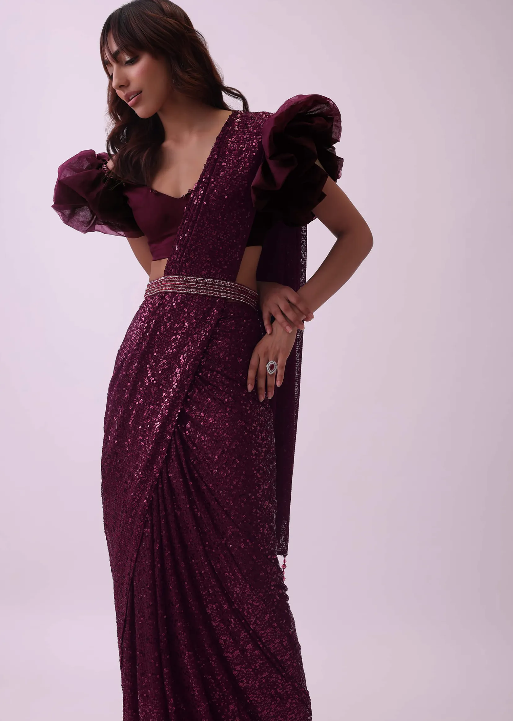 Maroon Red Sequins Saree With Fancy Flower Shaped Blouse