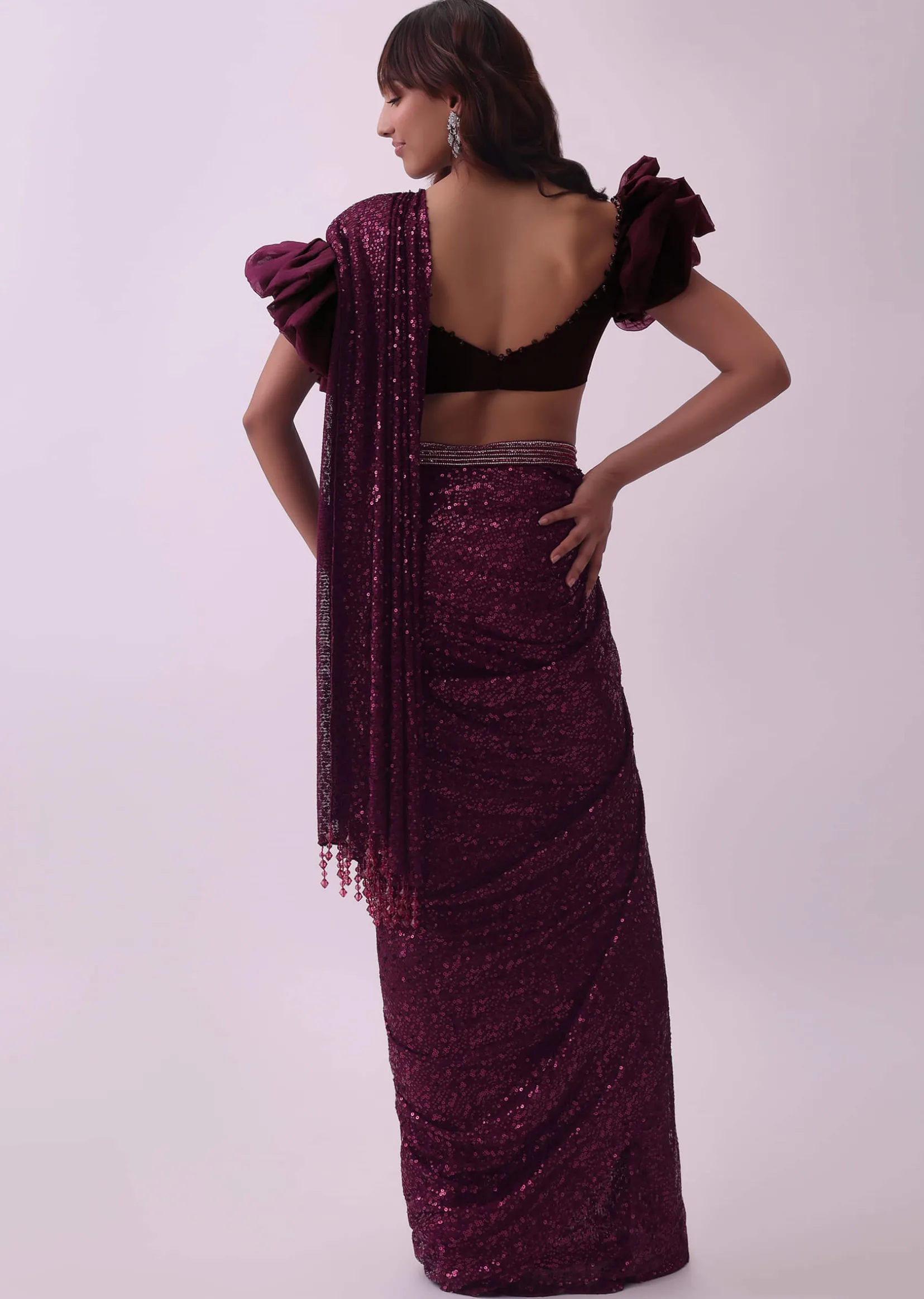 Maroon Red Sequins Saree With Fancy Flower Shaped Blouse