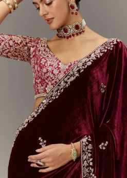 Maroon Saree In Velvet With Brocade Embroidered Blouse