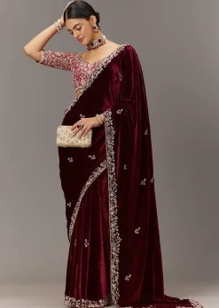Maroon Saree In Velvet With Brocade Embroidered Blouse