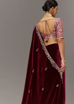 Maroon Saree In Velvet With Brocade Embroidered Blouse