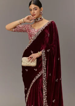 Maroon Saree In Velvet With Brocade Embroidered Blouse