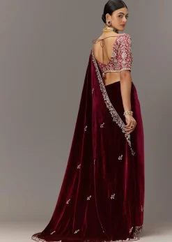 Maroon Saree In Velvet With Brocade Embroidered Blouse