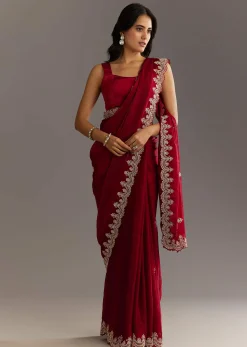Maroon Satin Embroidered Saree With Scallop Border