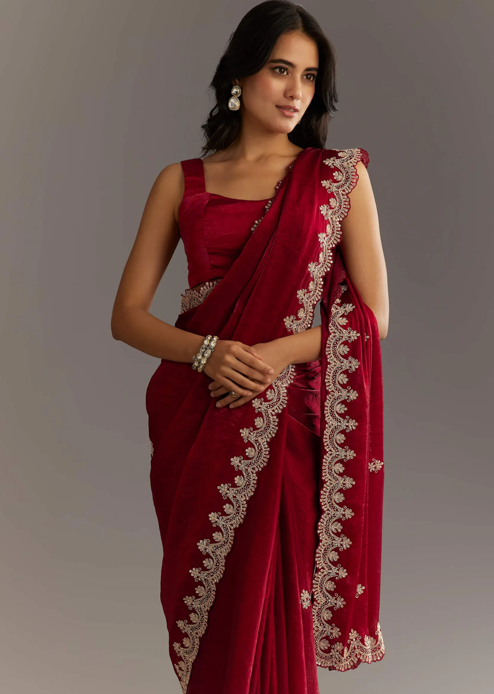 Maroon Satin Embroidered Saree With Scallop Border