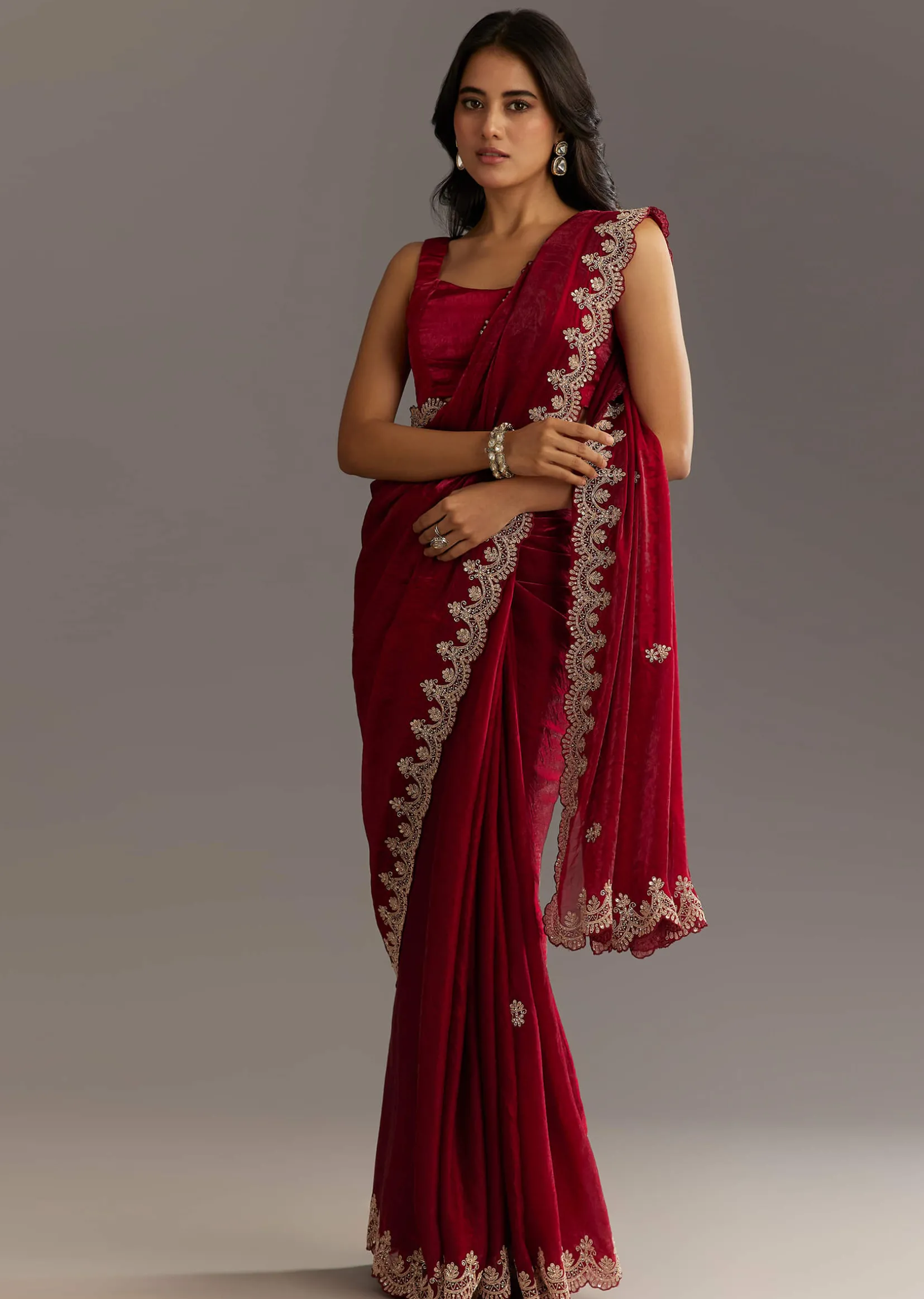Maroon Satin Embroidered Saree With Scallop Border