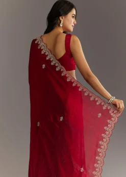 Maroon Satin Embroidered Saree With Scallop Border