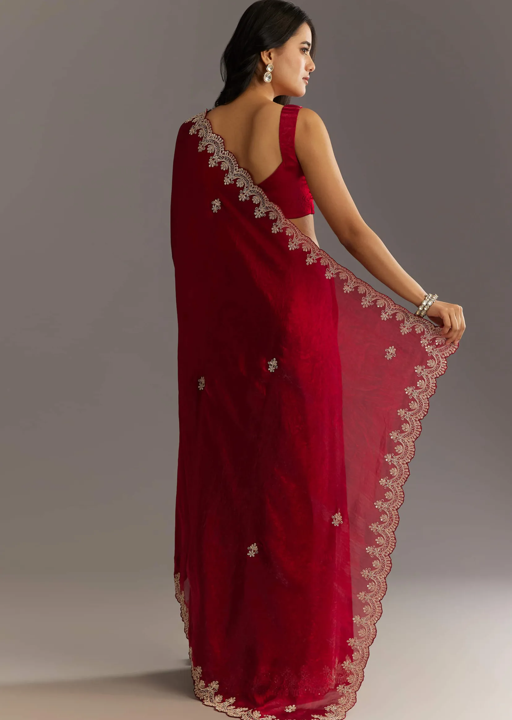Maroon Satin Embroidered Saree With Scallop Border
