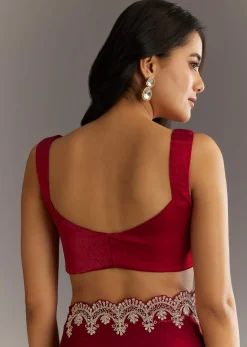 Maroon Satin Embroidered Saree With Scallop Border