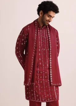 Maroon Silk Blend Mirror Work Kurta Set With Dupatta