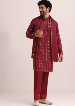Maroon Silk Blend Mirror Work Kurta Set With Dupatta