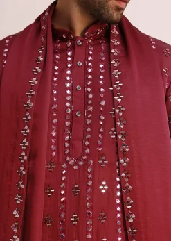 Maroon Silk Blend Mirror Work Kurta Set With Dupatta