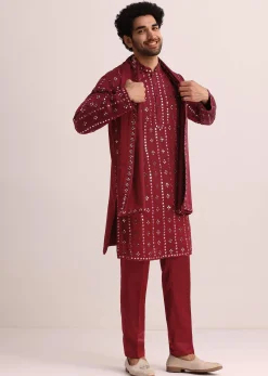 Maroon Silk Blend Mirror Work Kurta Set With Dupatta