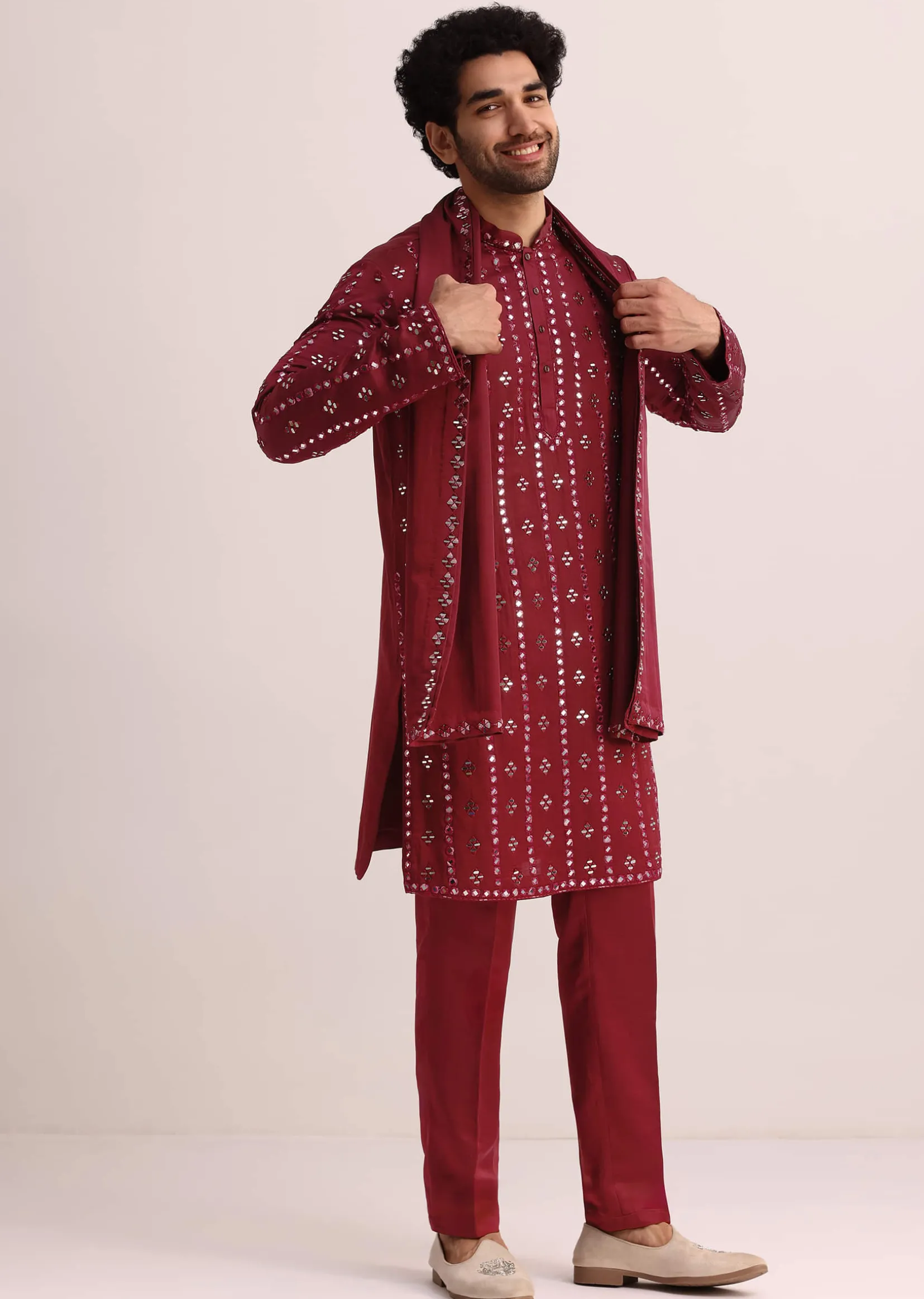 Maroon Silk Blend Mirror Work Kurta Set With Dupatta