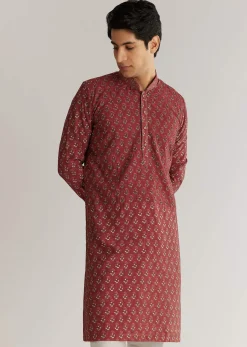 Maroon Silk Cutdana Floral Kurta Set