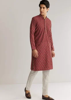 Maroon Silk Cutdana Floral Kurta Set