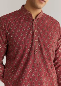 Maroon Silk Cutdana Floral Kurta Set