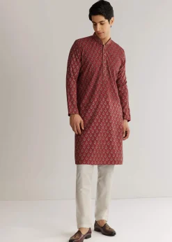 Maroon Silk Cutdana Floral Kurta Set