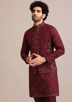 Maroon Silk Jacket Kurta Set With Embroidered Work