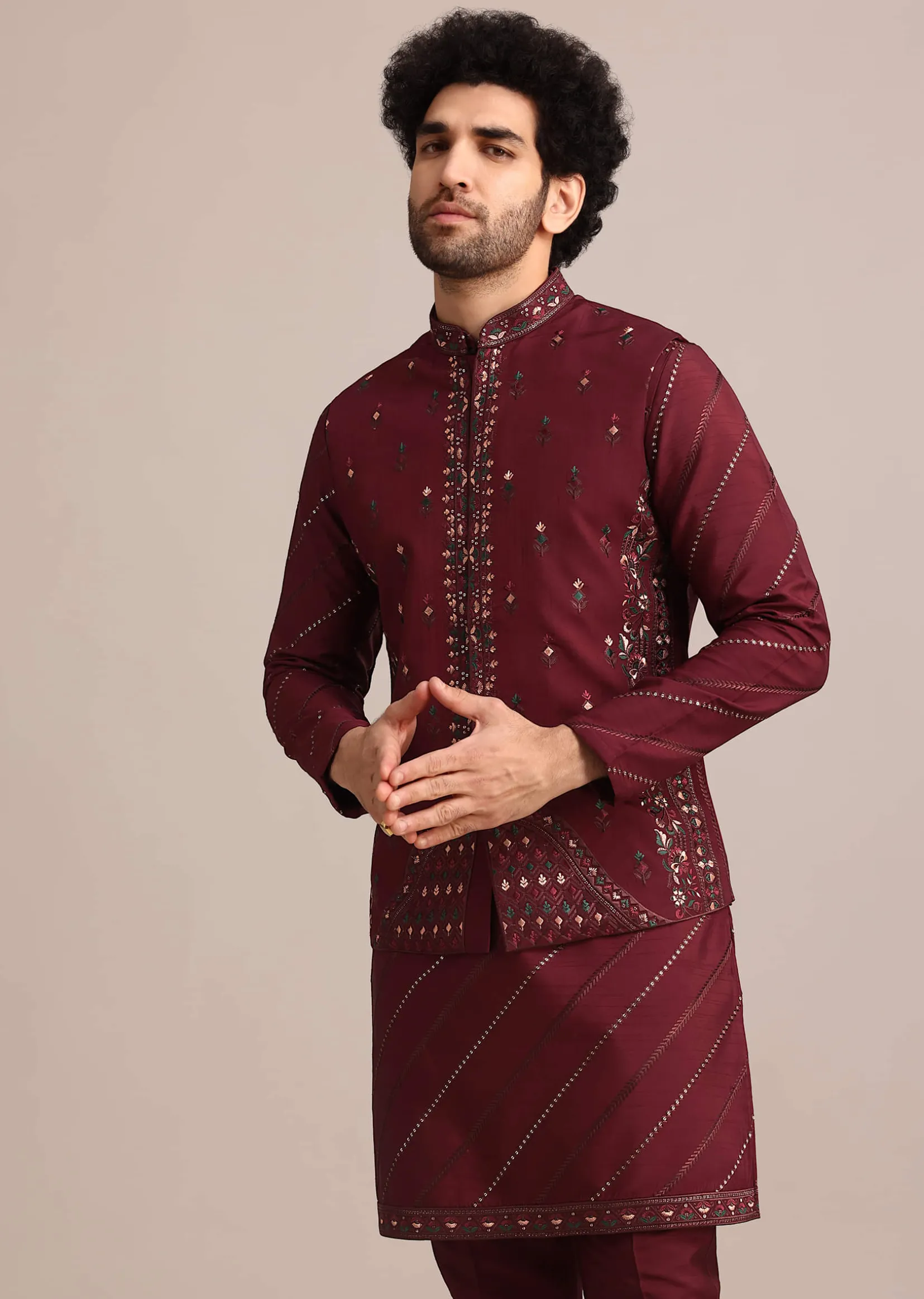 Maroon Silk Jacket Kurta Set With Embroidered Work