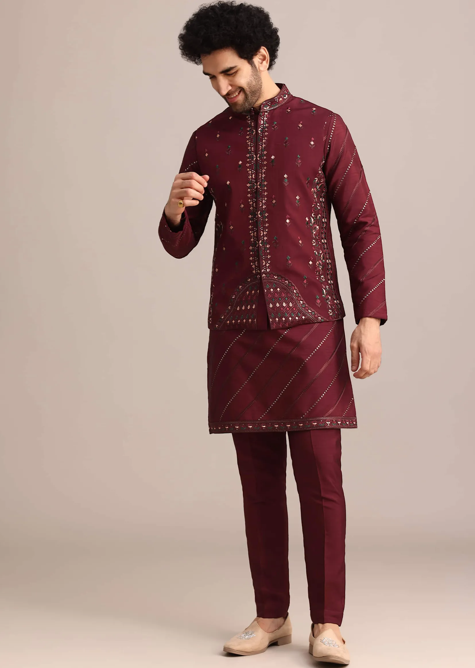 Maroon Silk Jacket Kurta Set With Embroidered Work