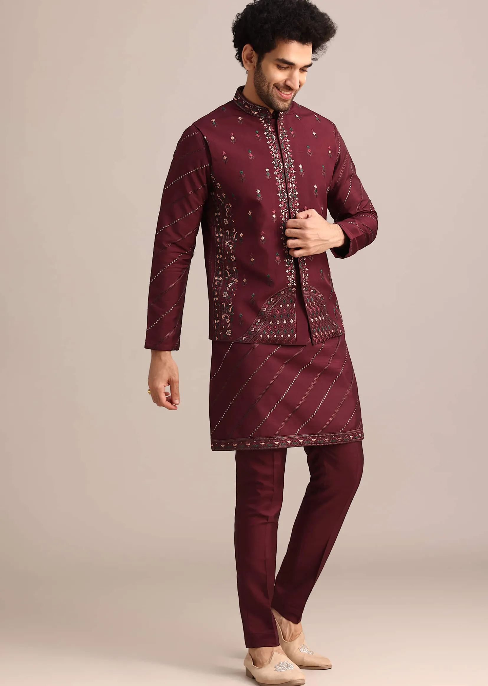 Maroon Silk Jacket Kurta Set With Embroidered Work