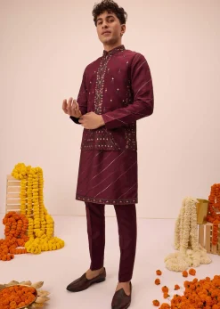Maroon Silk Jacket Kurta Set With Embroidered Work