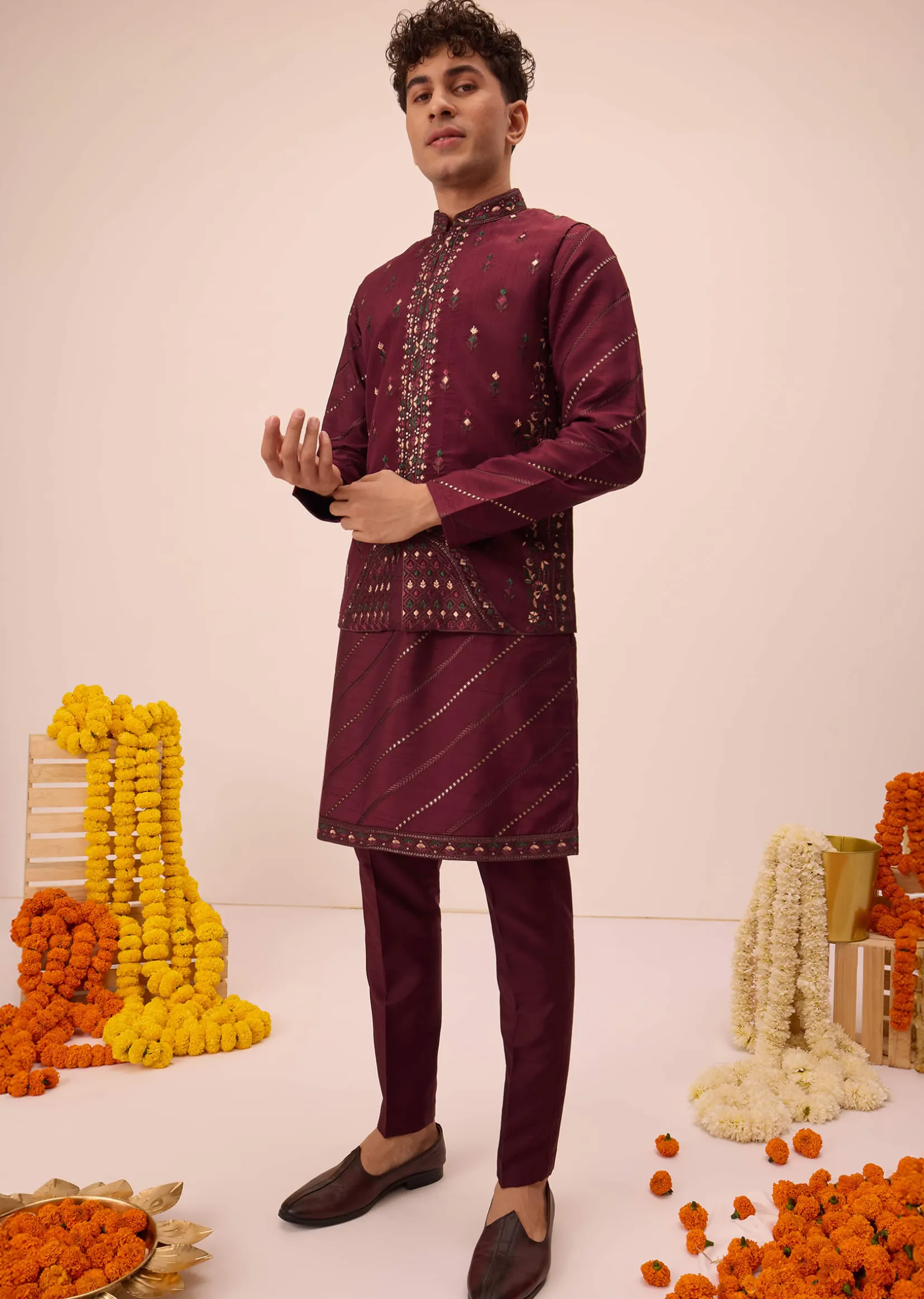 Maroon Silk Jacket Kurta Set With Embroidered Work