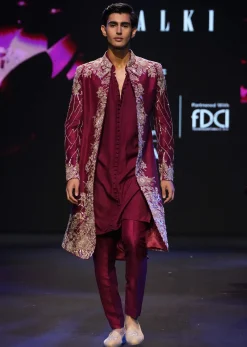 Maroon Tissue Cutdana Embroidered Sherwani Suit With Dupatta