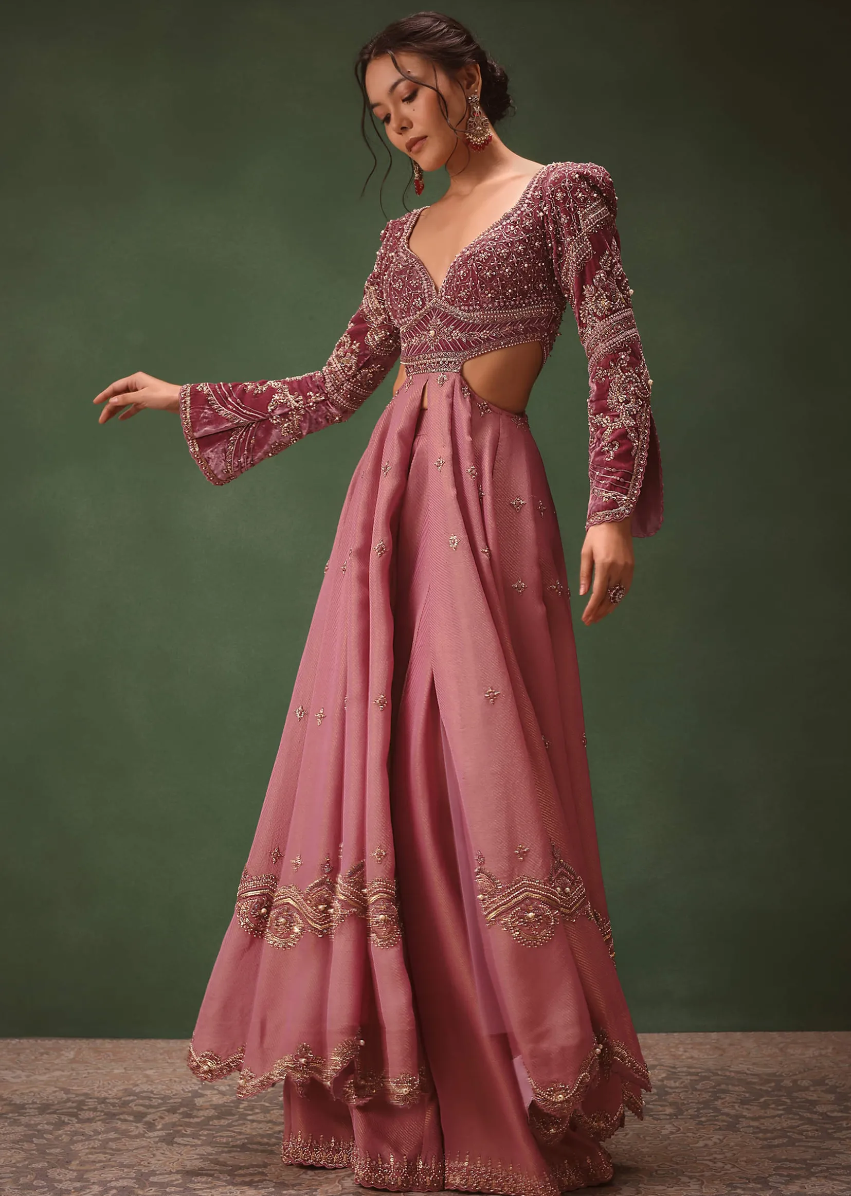 Mauve Embroidered Anarkali Suit With Flared Palazzo Pant