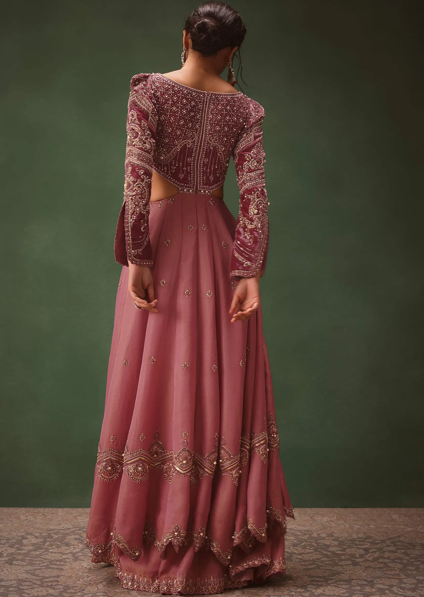 Mauve Embroidered Anarkali Suit With Flared Palazzo Pant