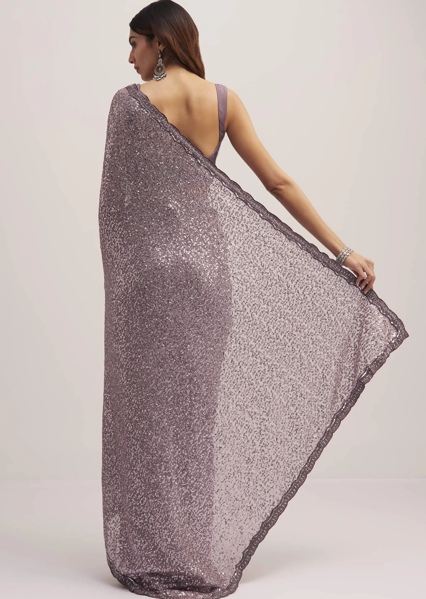 Mauve Half AndHalf Sequins Embroidered Saree