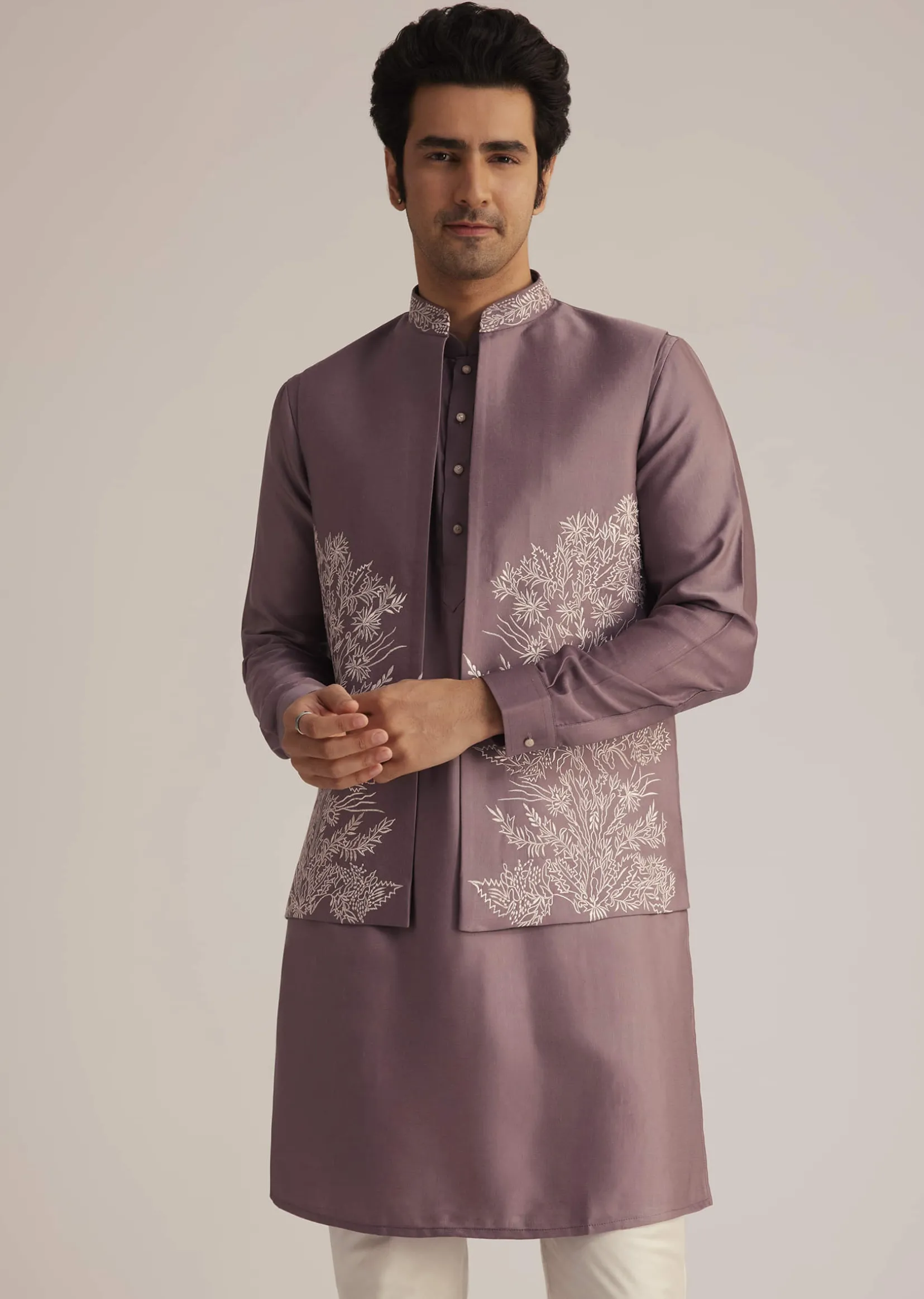 Mauve Kurta Pant Set With Embroidered Nehru Jacket