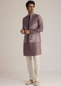 Mauve Kurta Pant Set With Embroidered Nehru Jacket
