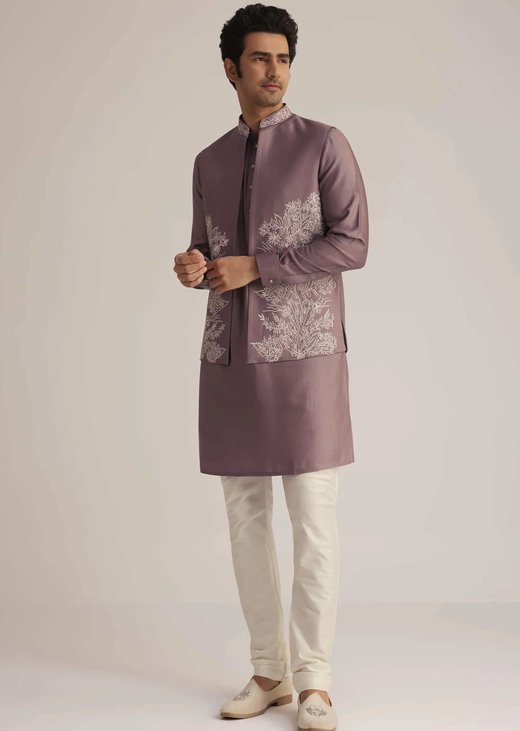 Mauve Kurta Pant Set With Embroidered Nehru Jacket