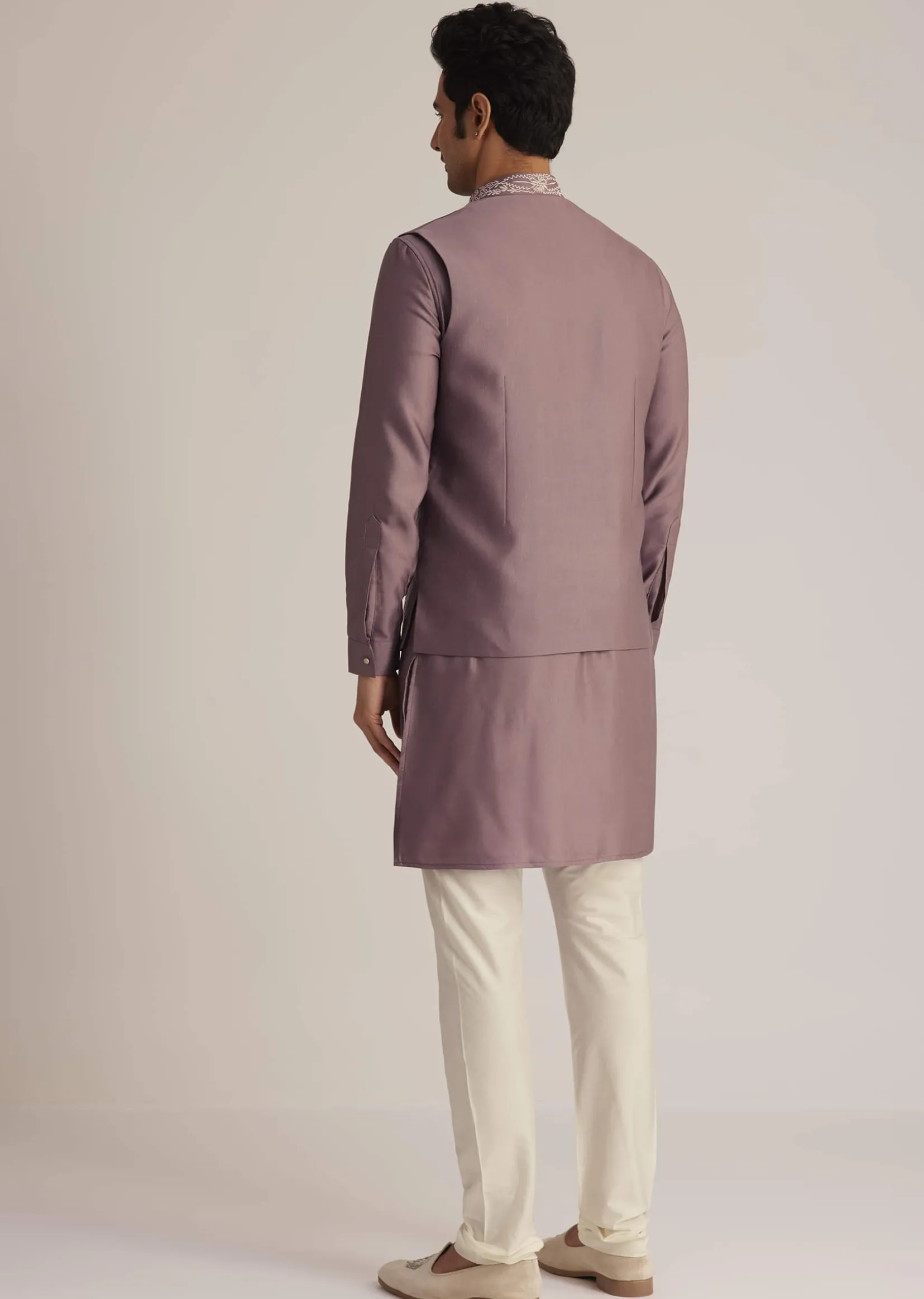 Mauve Kurta Pant Set With Embroidered Nehru Jacket