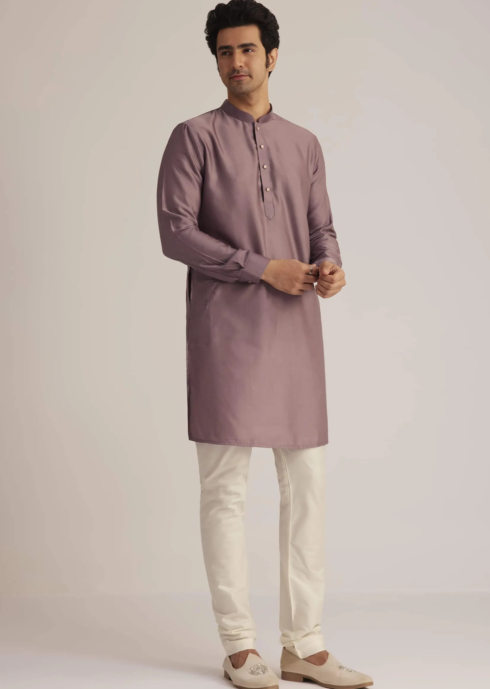 Mauve Kurta Pant Set With Embroidered Nehru Jacket