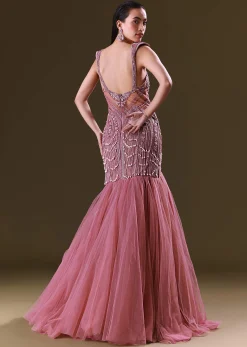Mauve Mermaid Fit Gown With Tassel Detailing And Gathering At Bottom