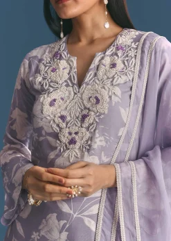 Mauve Muslin Floral Print Kurta Sharara Suit With Moti Cutdana Work