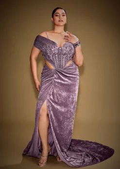 Mauve Off Shoulder Velvet Gown With Keyhole Detail And Embroidered Choker