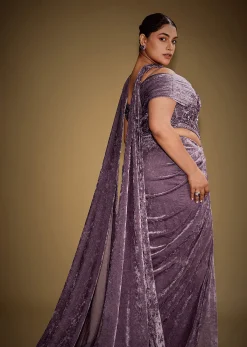 Mauve Off Shoulder Velvet Gown With Keyhole Detail And Embroidered Choker