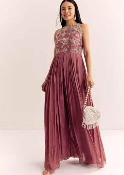 Mauve Pink Georgette Jumpsuit With Cutdana Beads And Threadwork